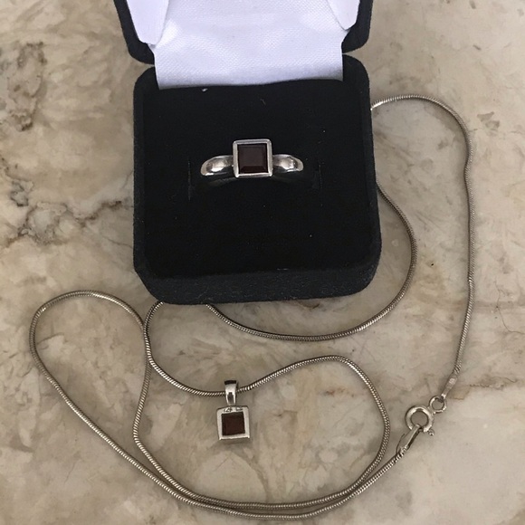 Sterling Silver & Garnet Ring & Marching Necklace